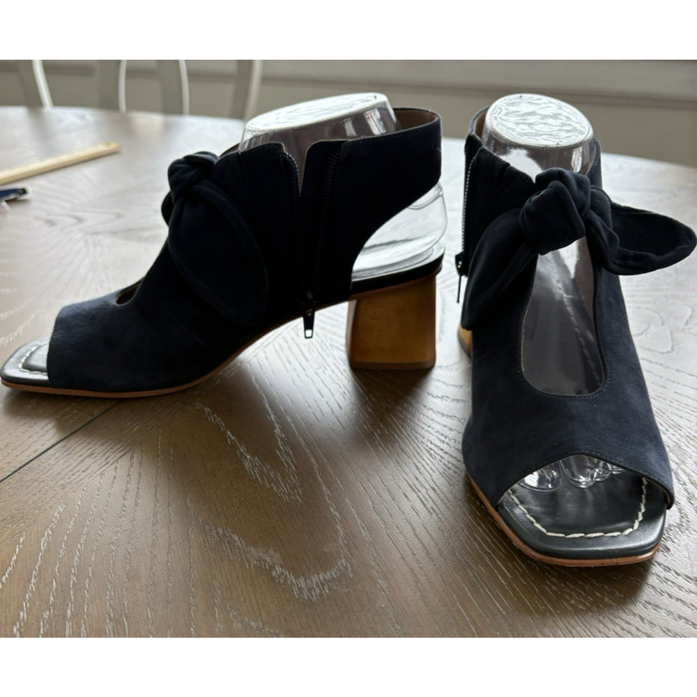 Bernardo Lizzie Navy Suede Booties Open Toe Block Wood Heel Designer Bow | 8.5 - Picture 4 of 9